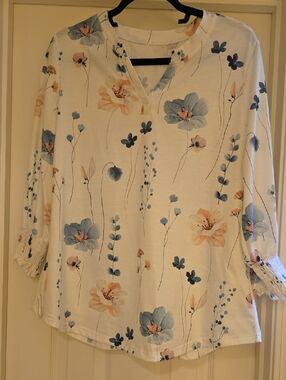 Women's Floral Split-Neck Tunic Top - White with Blue & Peach Flowers